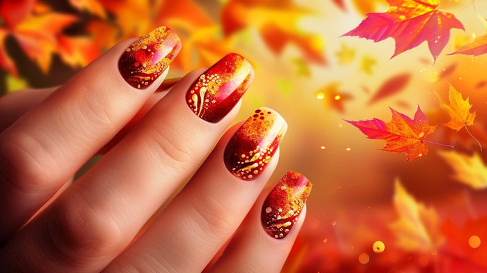 a hand with red nail polish and gold accents against an autumn background