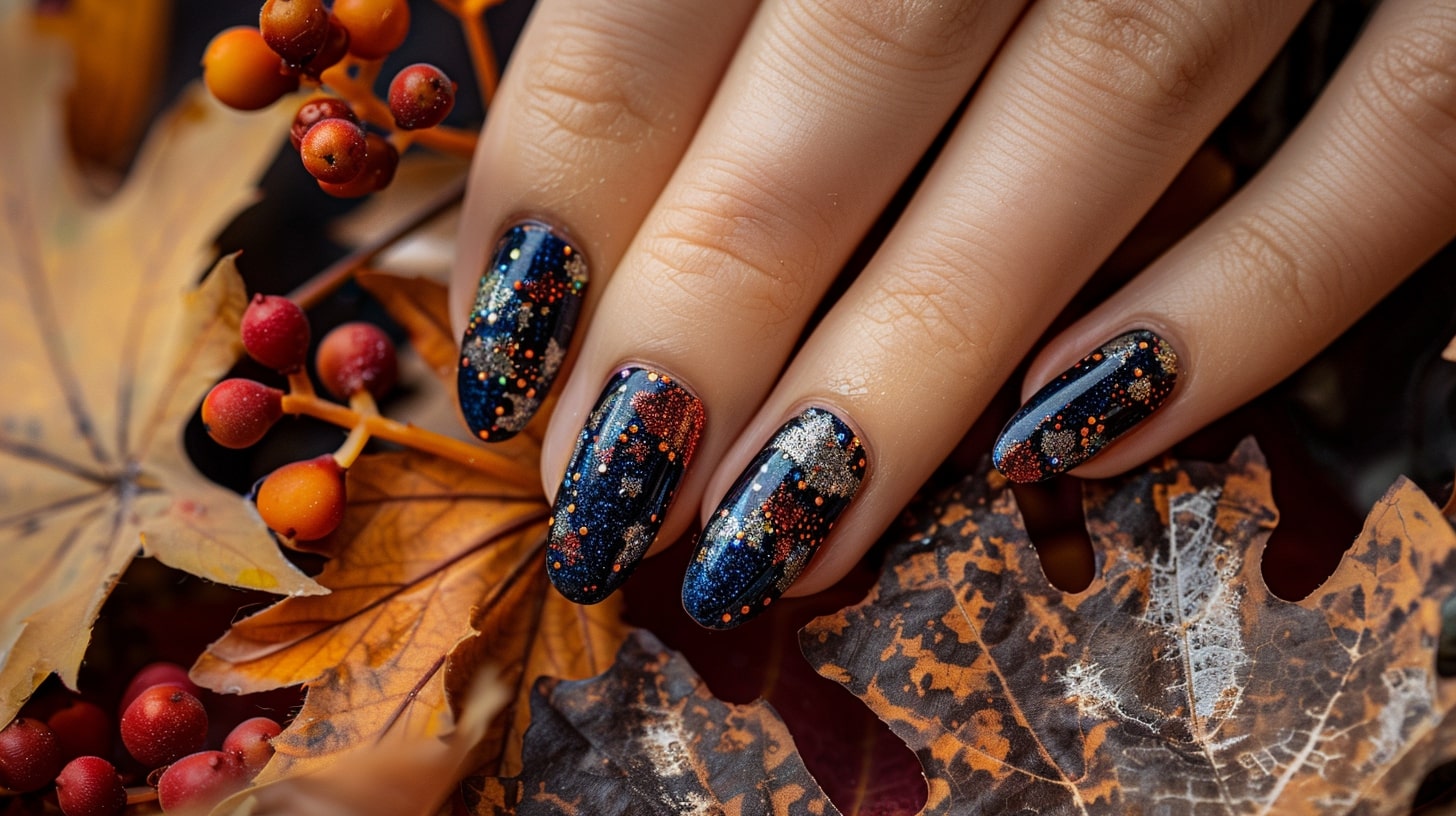 Dark blue fall manicure with sparkly accents