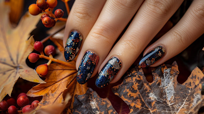 Dark blue fall manicure with sparkly accents