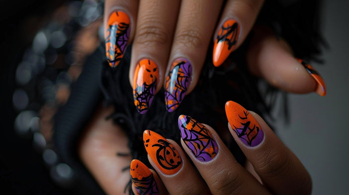 orange and purple Halloween nails