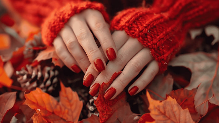 female hands with red nails and Autumn leaves
