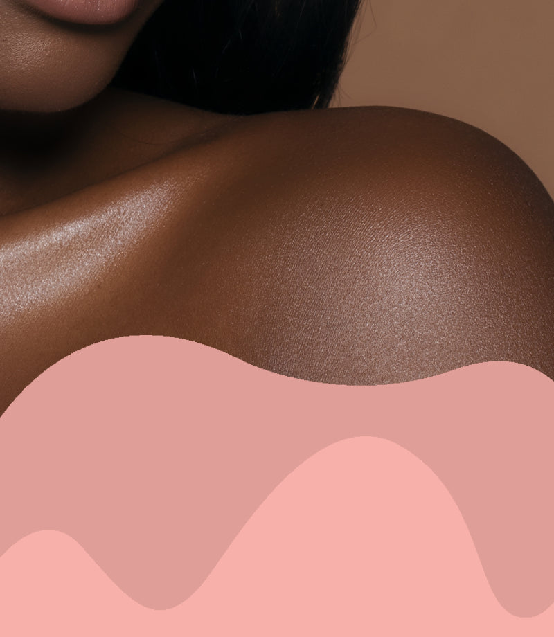 Close-up of a person's shoulder and lips with a pink abstract overlay.