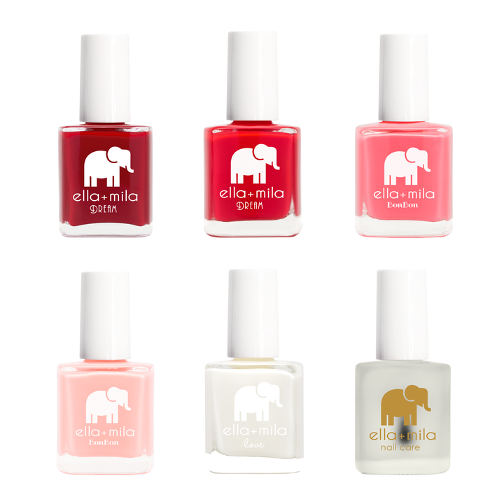 Candy Cane Dreams 6 nail polish bottles in wine, red, coral pink, pale pink, white and top coat