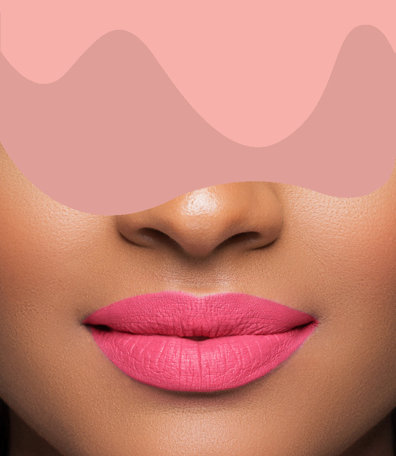 Close-up of lips with pink lipstick and abstract pink overlay.