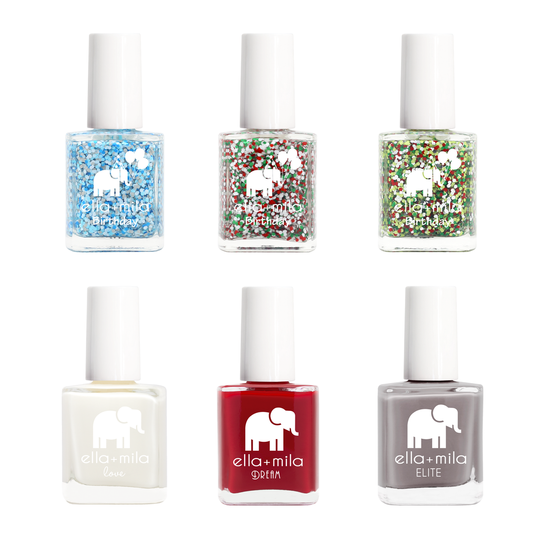 Confetti Collection 6 nail polish bottles: blue, red-green and multicolor confetti glitters, white, red and grey