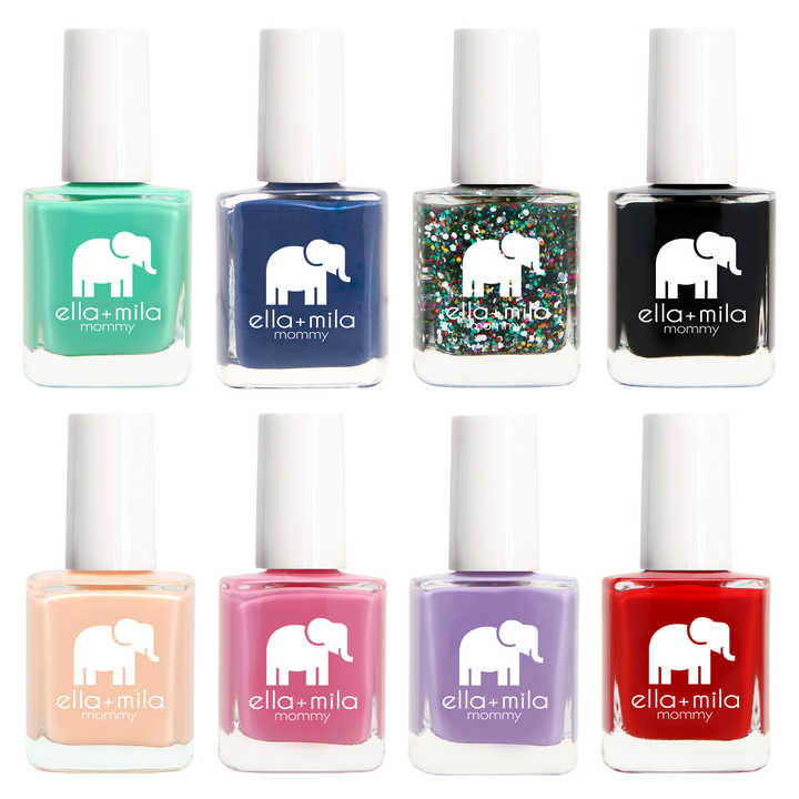 Mommy Collection 8 nail polish bottles in teal, navy, black, peach, pink, lavender and red