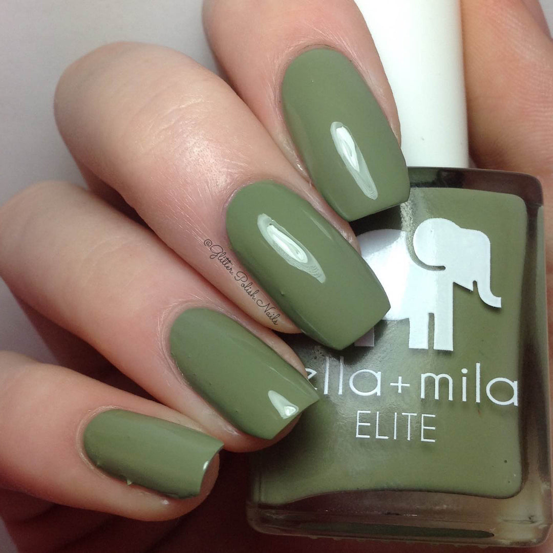 Paradise Isle army green nail polish close-up with the bottle