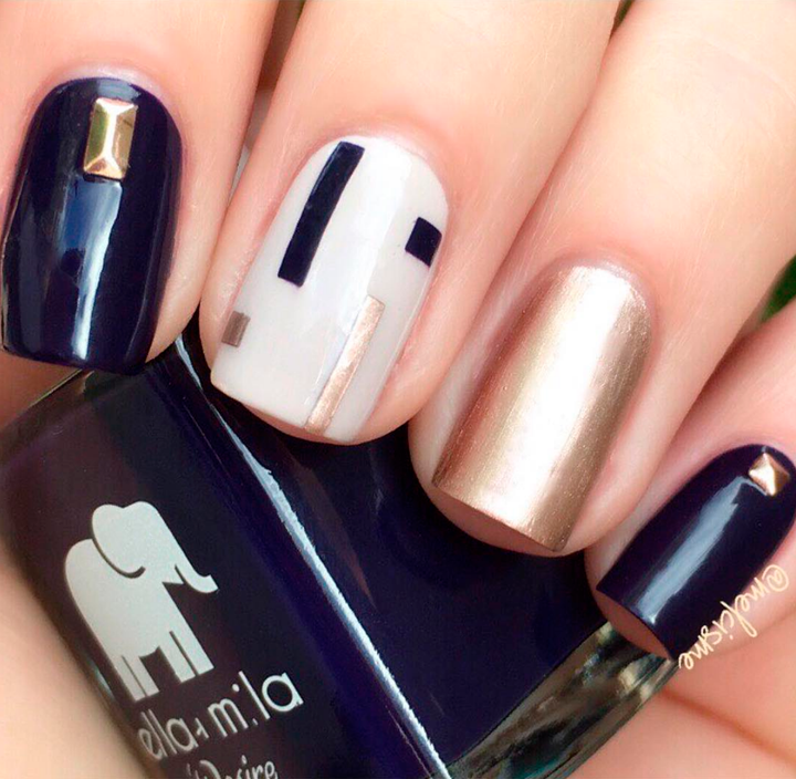 Bite Me deep purple nail polish with white and gold geometric nail art
