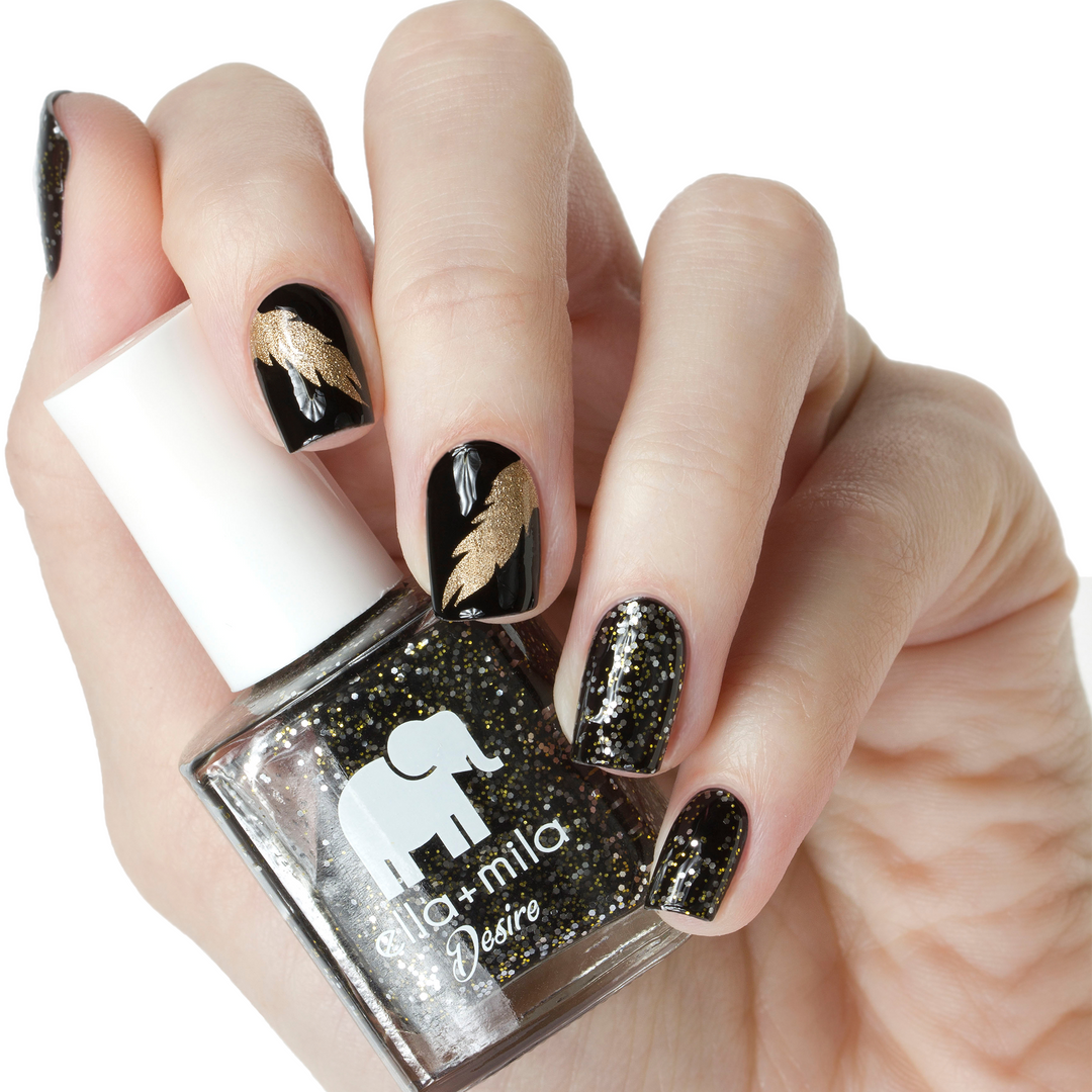 Black Tie Affair glitter nail polish with nude and black geometric nail art