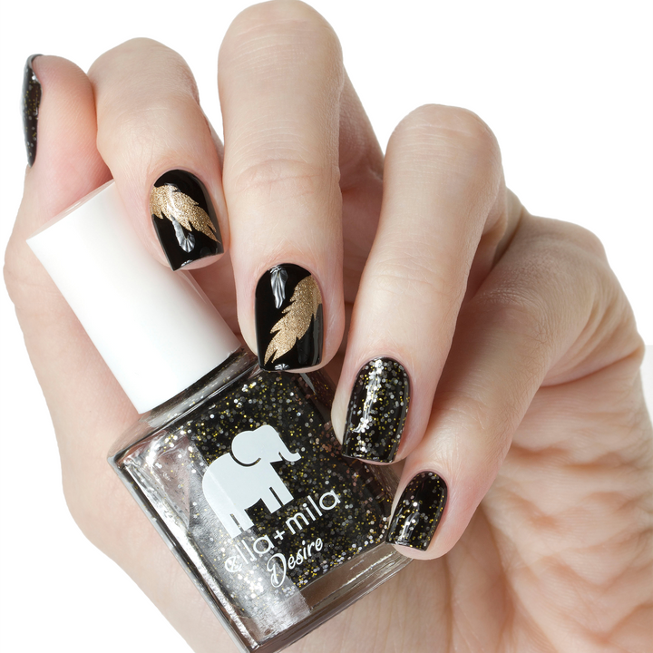 Black Tie Affair glitter nail polish with nude and black geometric nail art