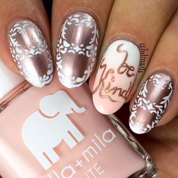 Champagne Pop rose gold nail polish with lace pattern and &