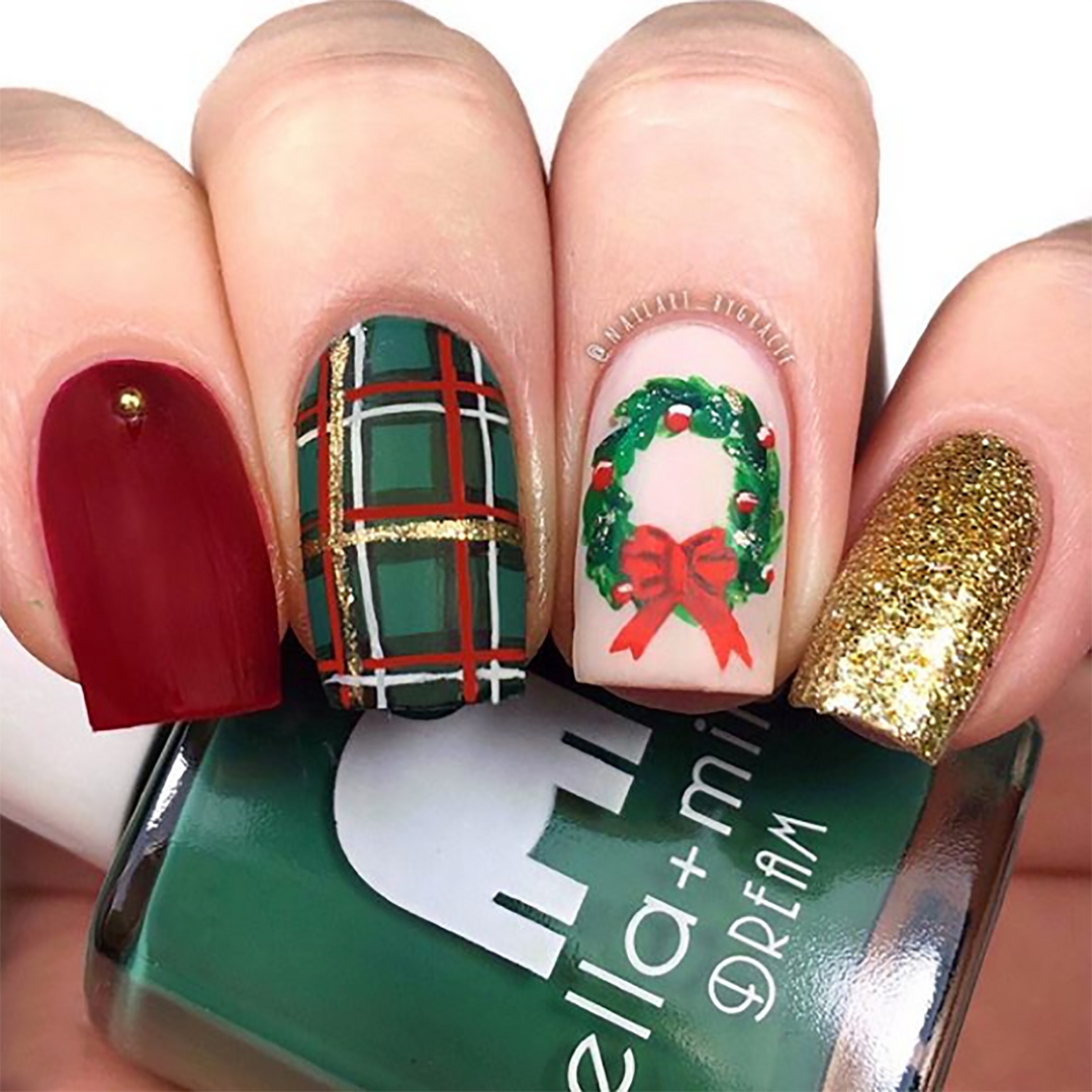 Daydreamer green nail polish with red, plaid, wreath and gold glitter holiday nail art