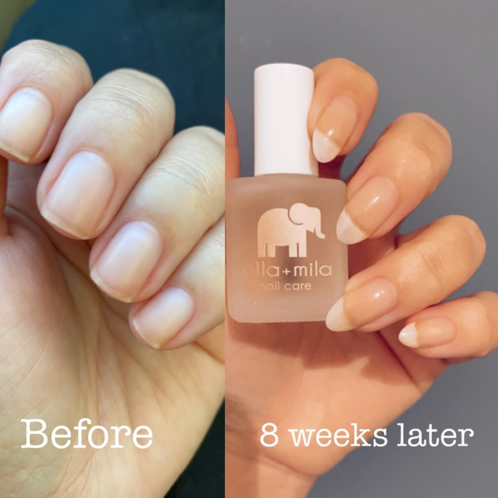Firm Foundation nail hardener before and 8 weeks later, holding the bottle