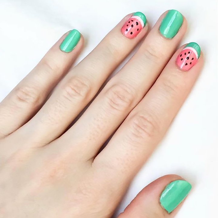 I Mint It mint nail polish with watermelon accent nail art
