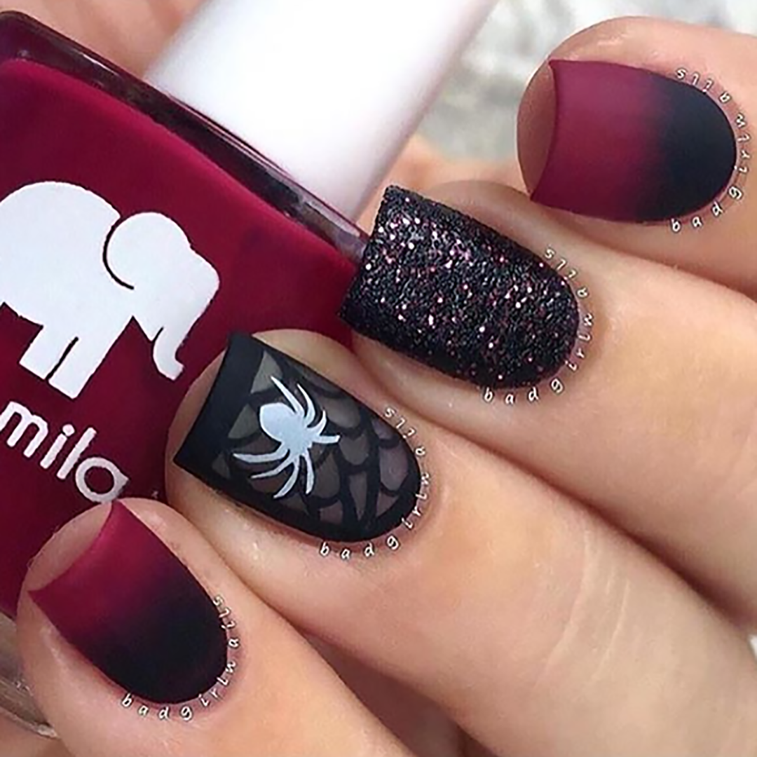 In Line for Wine wine red nail polish with black spider web Halloween nail art