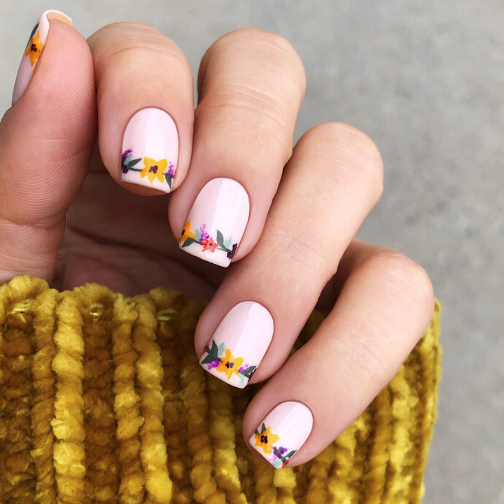 La La Land nude pink nail polish with sunflower accent nail art