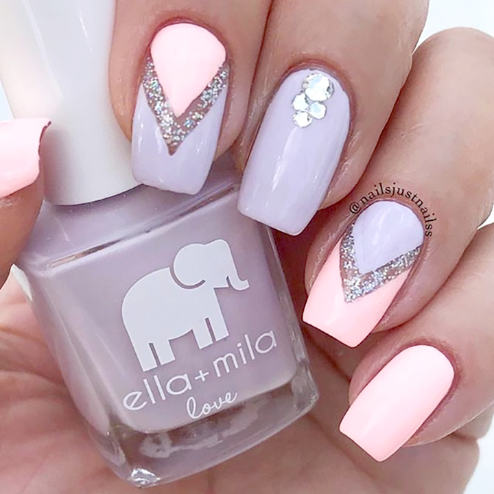 Lilac Luster lilac nail polish with pink, glitter and floral accent nail art