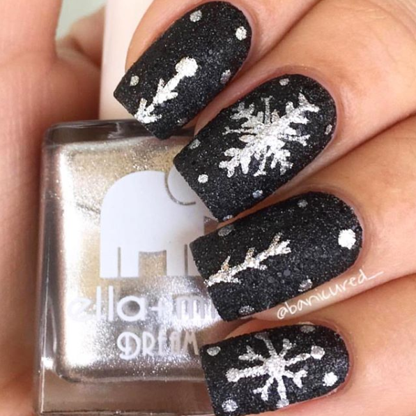 Mirror Mirror silver polish snowflake nail art over black nails with the bottle
