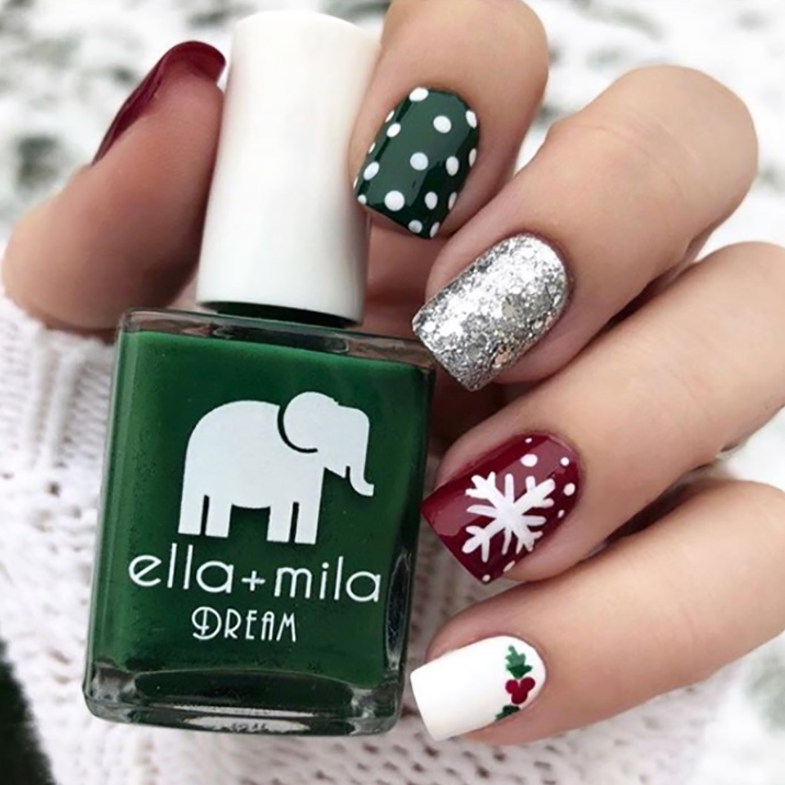 Mistletoe Magic green nail polish with snowflake, silver glitter and holly accent nails