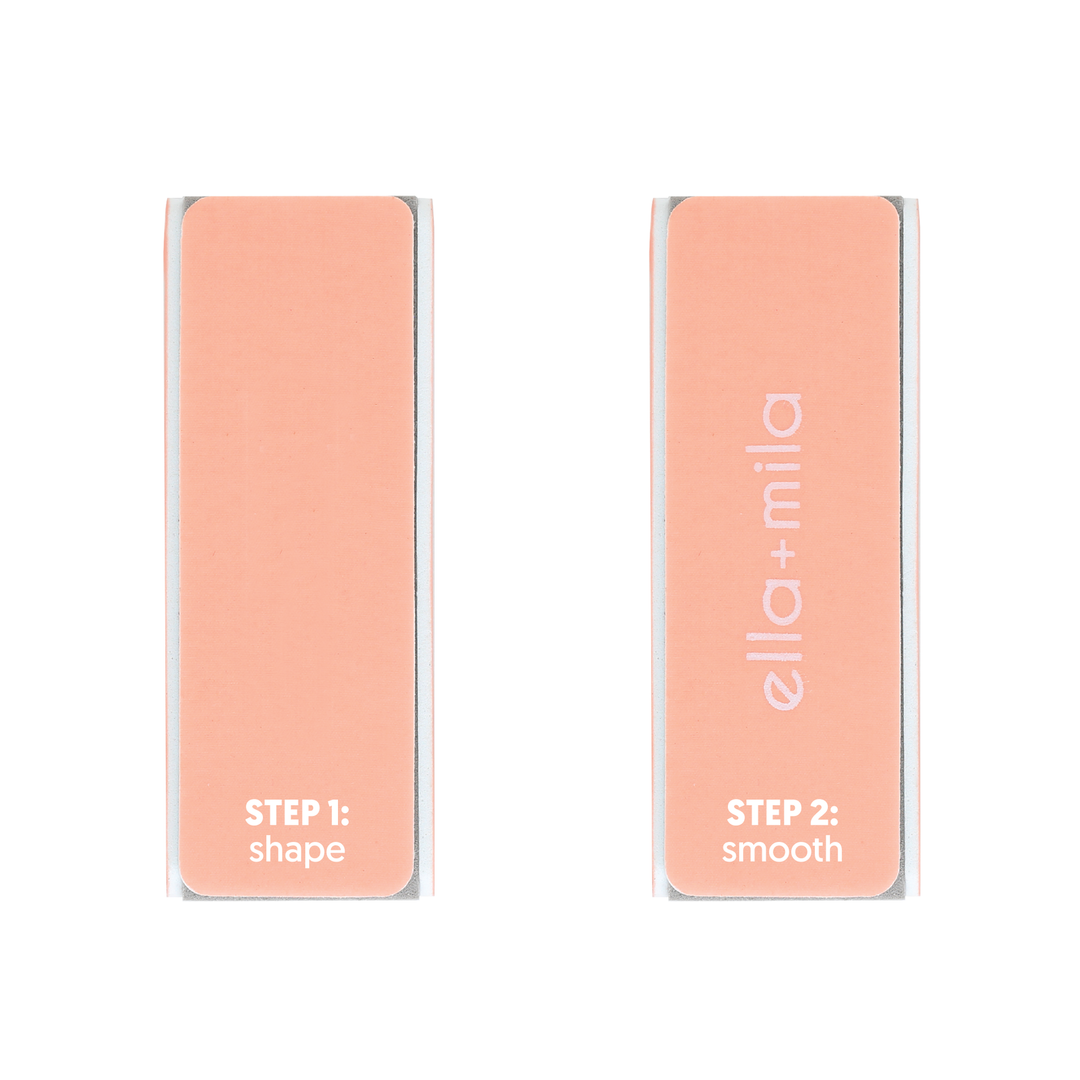 Two peach nail buffer blocks, step 1 shape and step 2 smooth