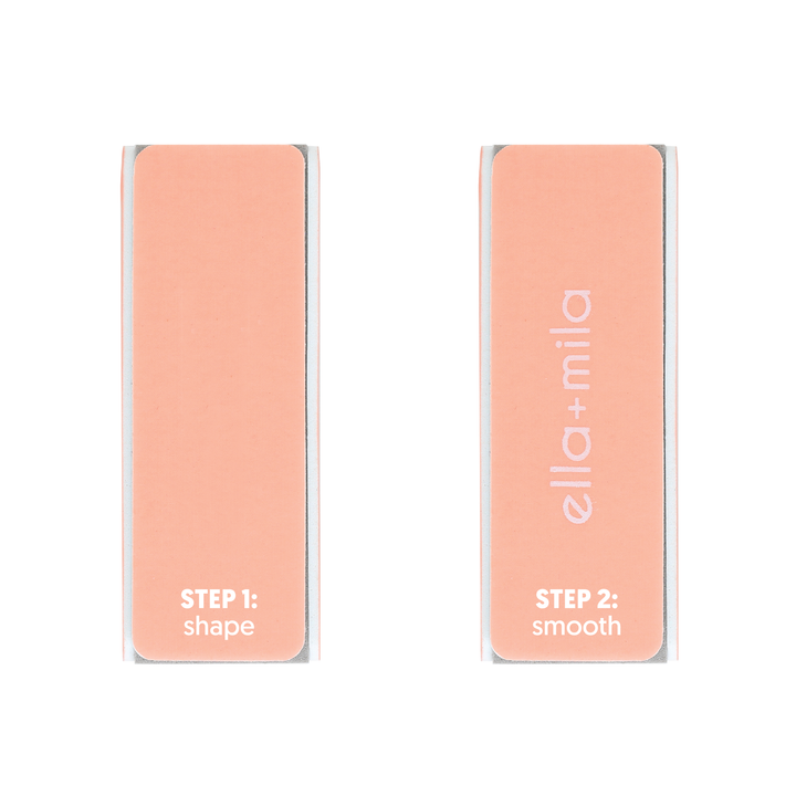 Two peach nail buffer blocks, step 1 shape and step 2 smooth