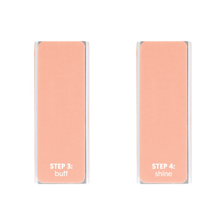 Peach nail buffer blocks showing step 3 buff and step 4 shine sides