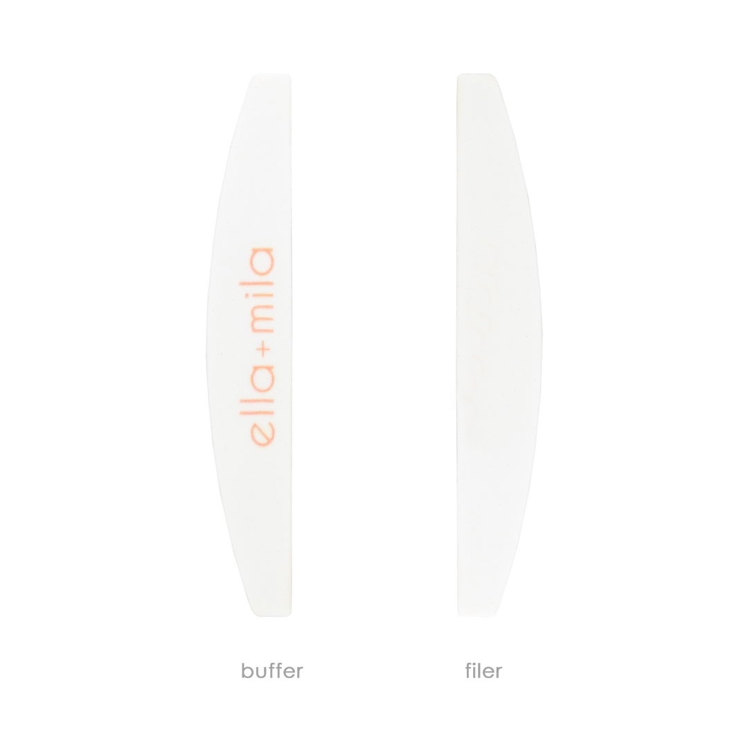 White half-moon nail file and buffer showing both sides