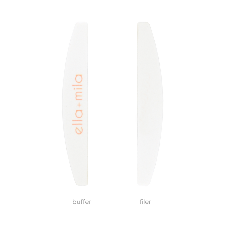 White half-moon nail file and buffer showing both sides