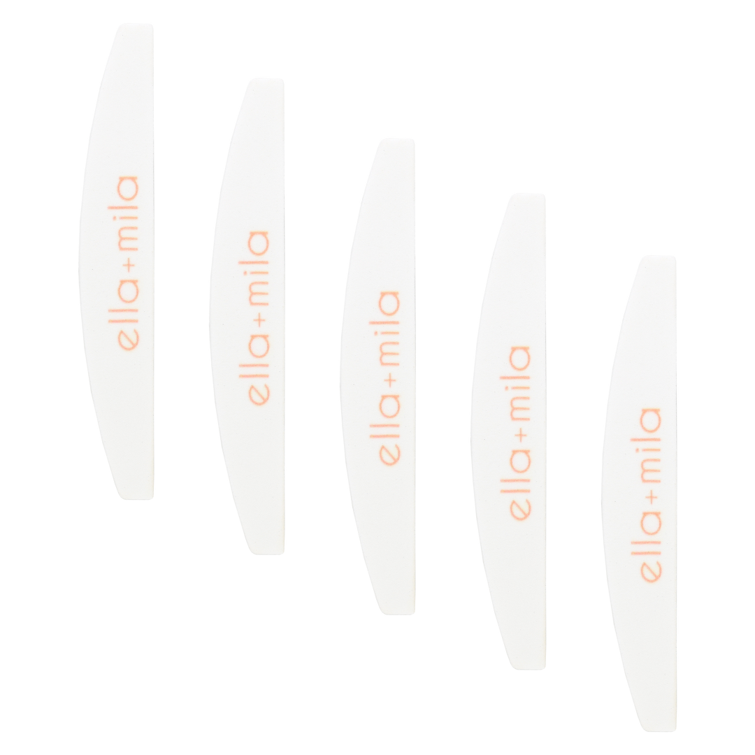 Five white half-moon file buffers fanned out