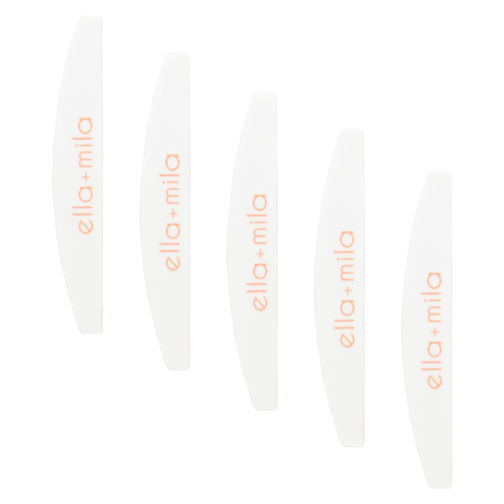 Five white half-moon file buffers fanned out