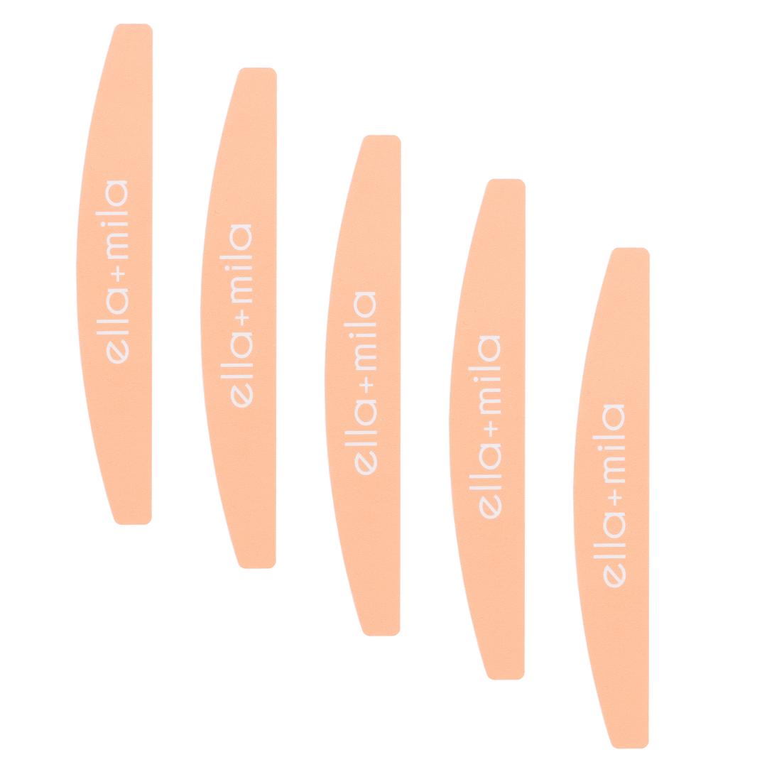 Five peach half-moon nail files fanned out