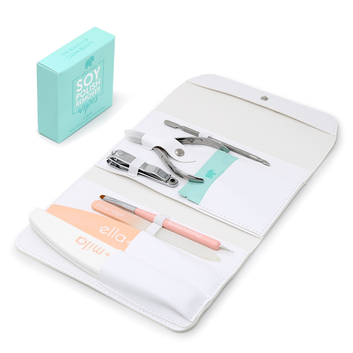 ella+mila manicure Tool Kit open showing nippers, clipper, pusher, files and buffer