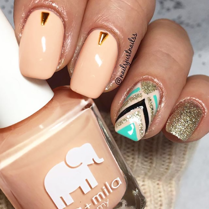 Nude Attitude peach nude nail polish with gold stud and geometric accent nail art