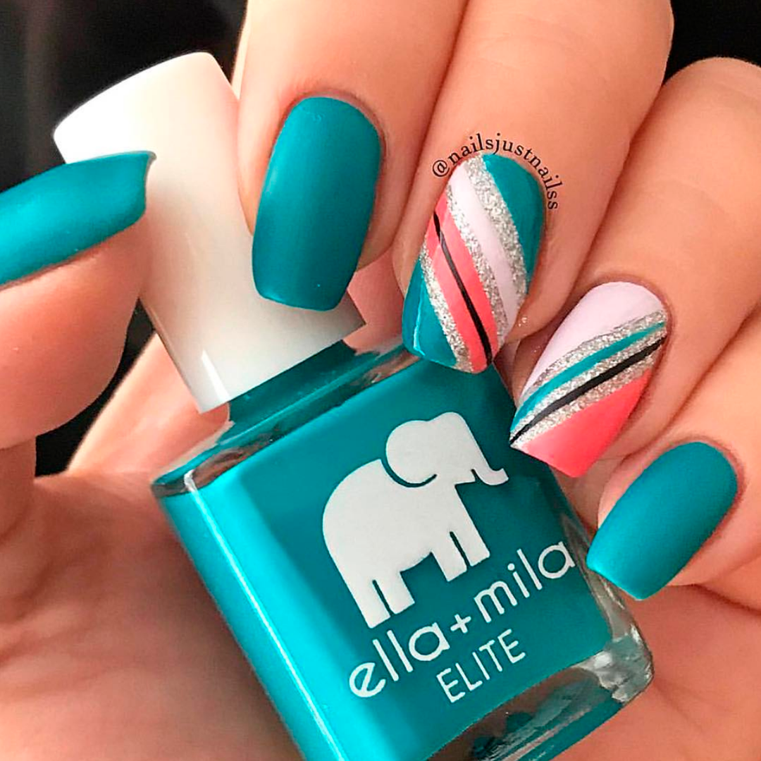 One Way Ticket teal nail polish with pink and white striped accent nail art