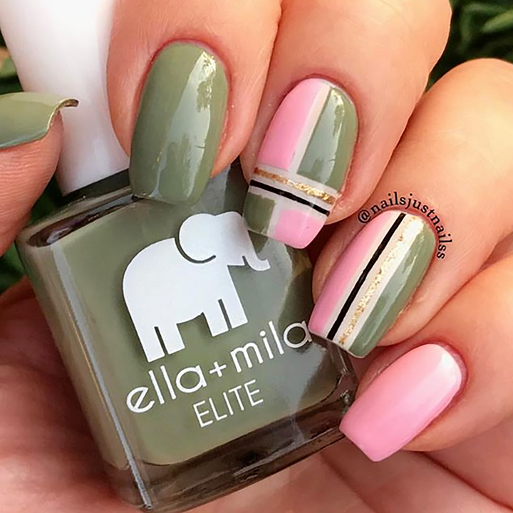 Paradise Isle army green nail polish with pink accent nails and gold stripe detail