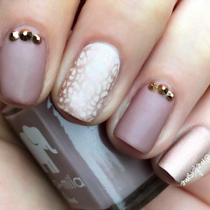 Sugar Fairy nude nail polish with white lace and gold stud nail art