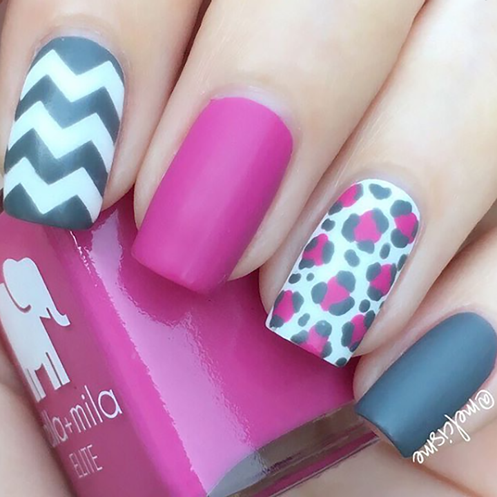 Summer Roam-ance berry pink nail polish with chevron and leopard accent nail art