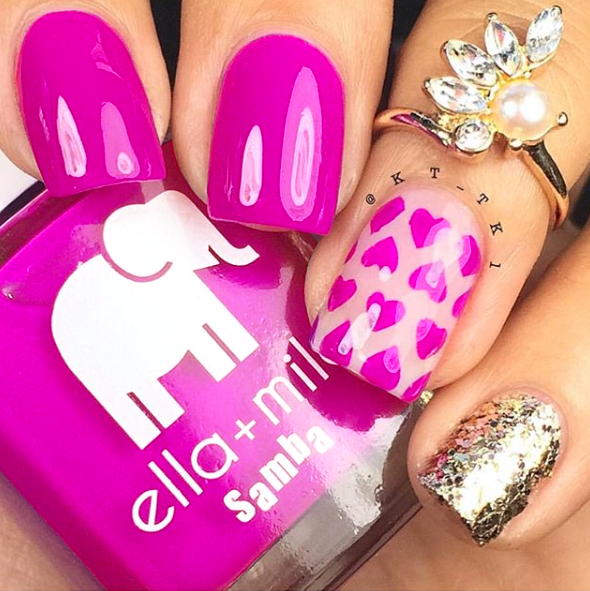 Sun Has Set hot pink nail polish with geometric nail art and a glitter accent nail