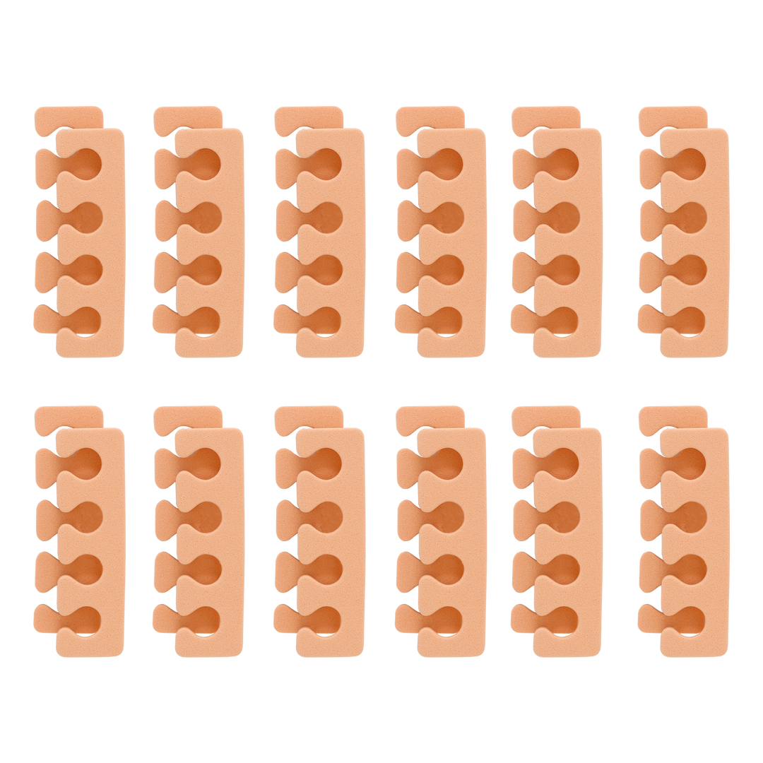 Twelve peach foam toe separators arranged in rows