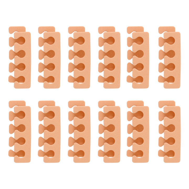 Twelve peach foam toe separators arranged in rows