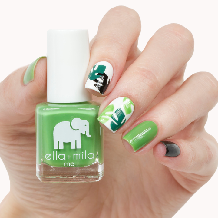 Tropical Jungle green nail polish with tropical leaf accent nail art