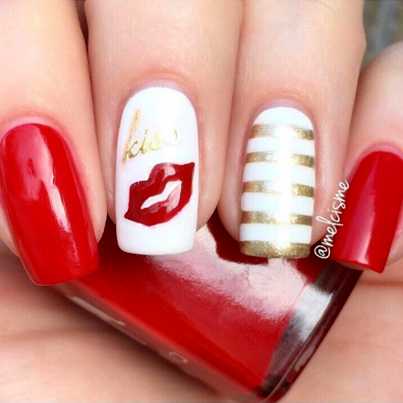 Unwrap Me red nail polish with lips and gold stripe accent nail art